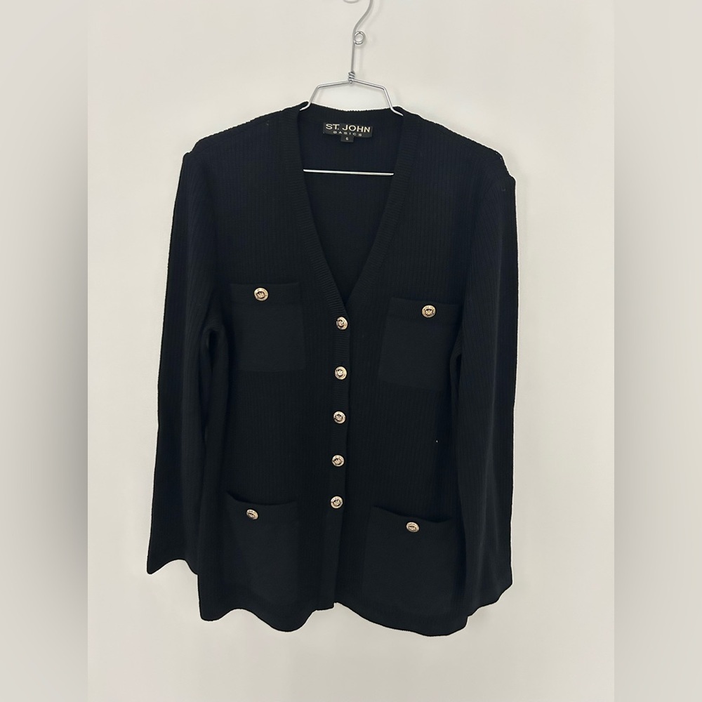 Classic St. John Black Ribbed Wool Blend Cardigan Sweater Jacket